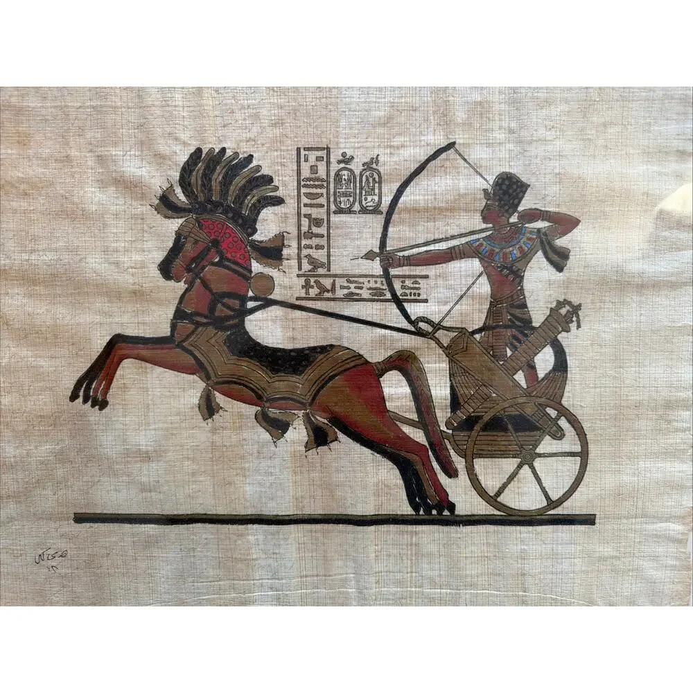Signed Hand Painted Ancient Egyptian Papyrus King Tut Chariot Battle Framed